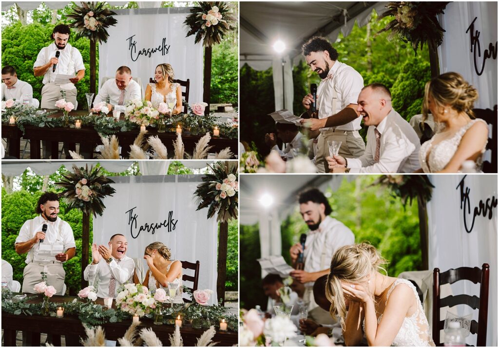 Snohomish Wedding Photographer GSquared Weddings A wedding reception unfolds under a Snohomish tent where the bride and groom sit smiling at their table. Three men, possibly giving speeches, evoke laughter from the couple amid a setting adorned with flowers, candles, and a sign proudly displaying The Reynolds in the background. Serving Seattle, Snohomish and Orlando