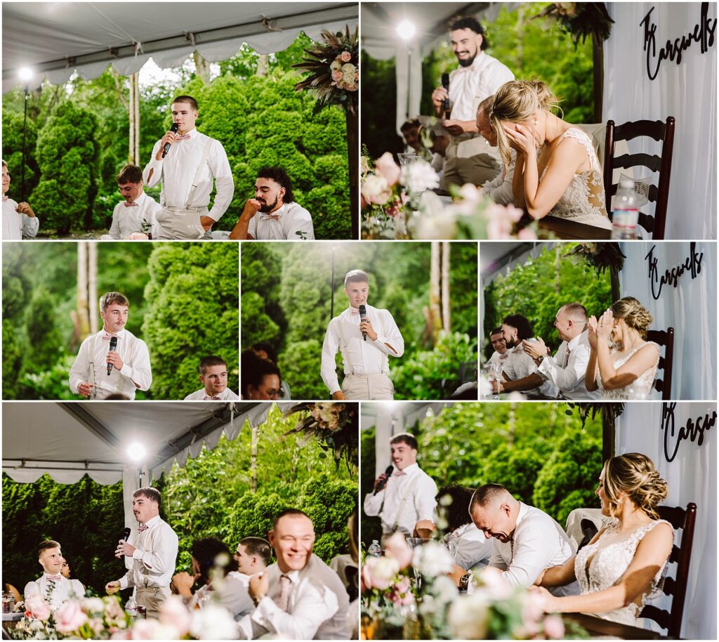 Snohomish Wedding Photographer GSquared Weddings A collage of wedding reception moments in Snohomish shows a man giving a speech. A woman in a white dress covers her face, then laughs with the man next to her. The outdoor setting is under a tent, with lush greenery providing a picturesque backdrop. Serving Seattle, Snohomish and Orlando