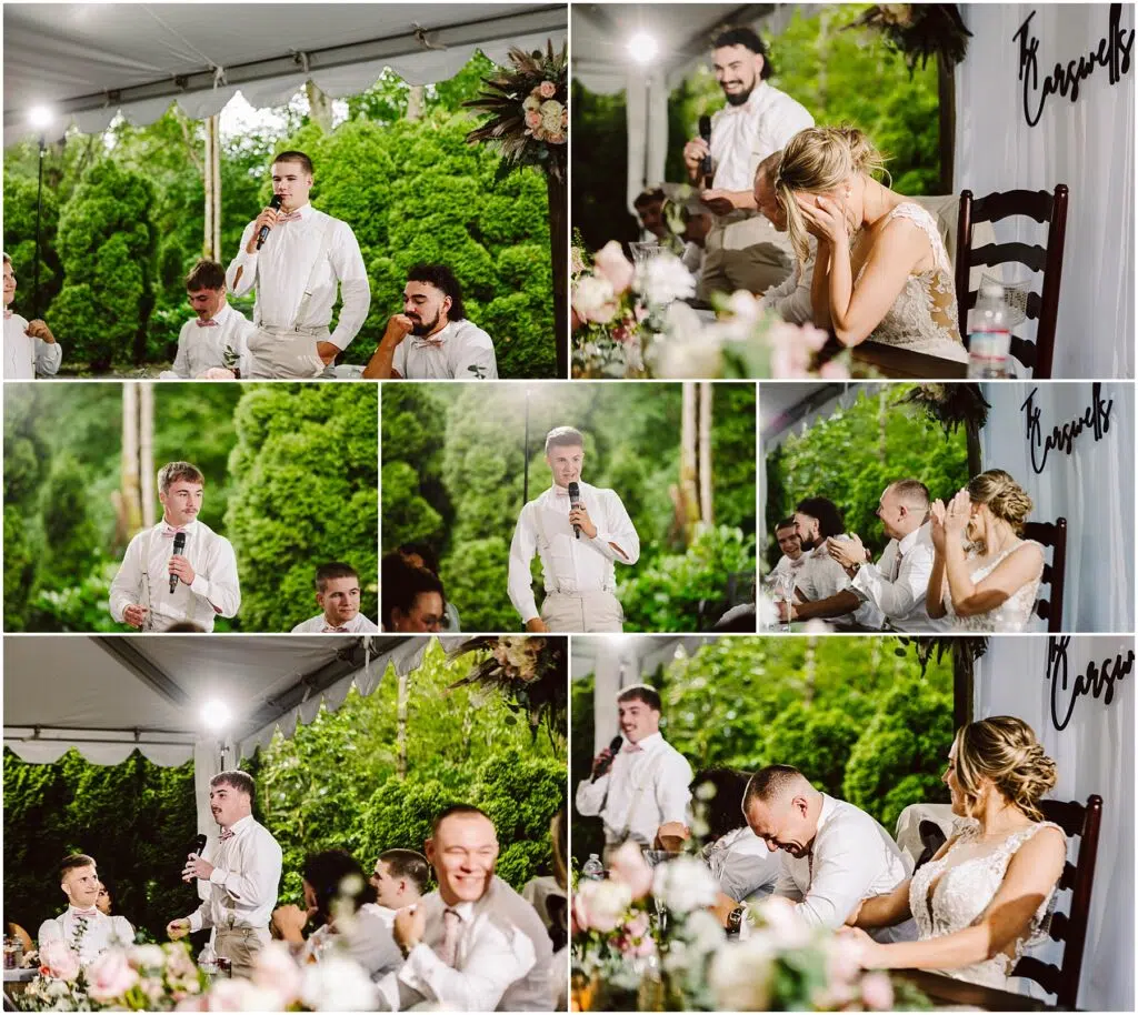 Snohomish Wedding Photographer GSquared Weddings A collage of wedding reception moments in Snohomish shows a man giving a speech. A woman in a white dress covers her face, then laughs with the man next to her. The outdoor setting is under a tent, with lush greenery providing a picturesque backdrop. Serving Seattle, Snohomish and Orlando