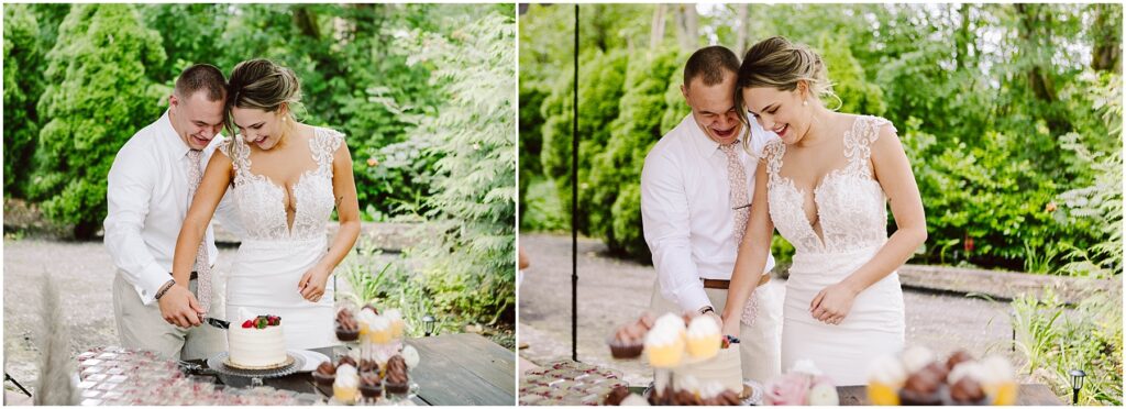 Snohomish Wedding Photographer GSquared Weddings In the charming landscape of Snohomish, a couple cuts a small cake outdoors. The woman glows in a white lace wedding dress, while the man complements her in a crisp white shirt. Their table is adorned with an array of cupcakes and treats, surrounded by vibrant greenery and trees. Serving Seattle, Snohomish and Orlando