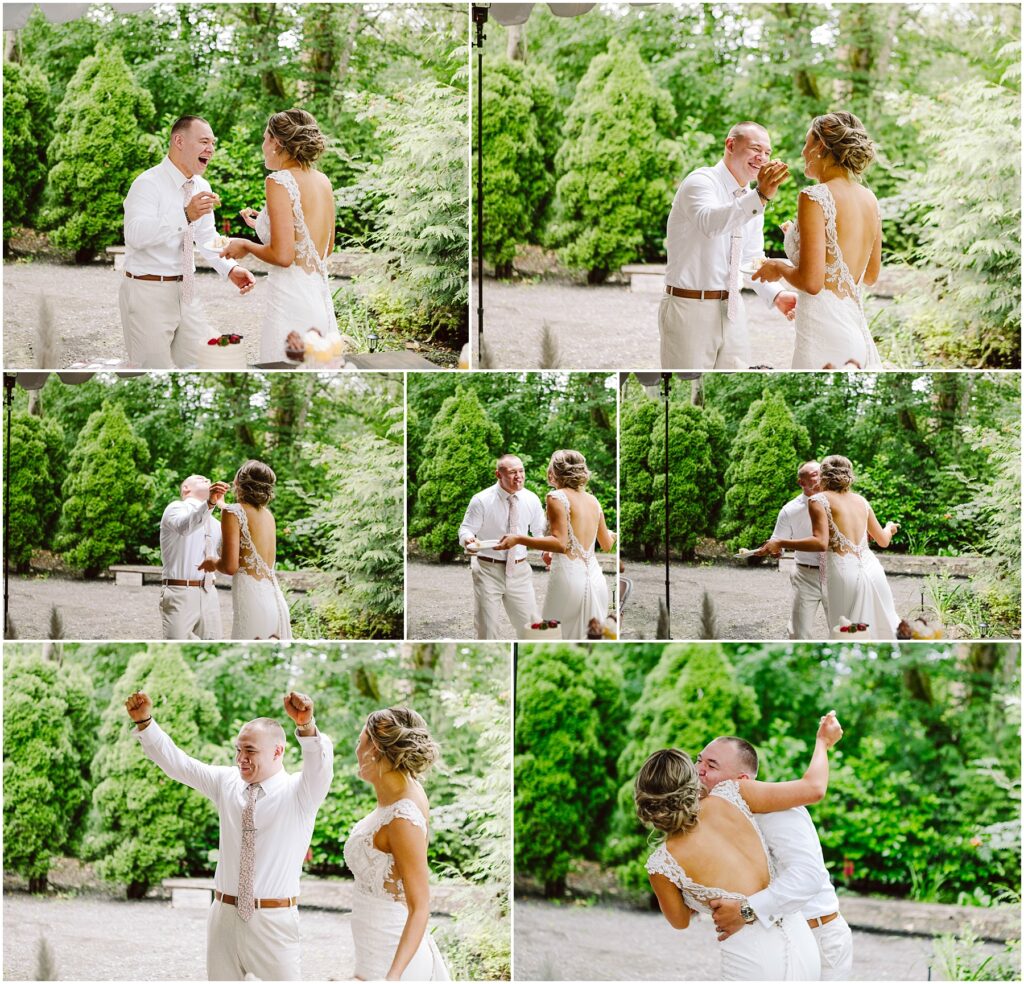 Snohomish Wedding Photographer GSquared Weddings In a Snohomish garden, a bride and groom celebrate, laughing and dancing. The bride wears a backless dress, and the groom is in a white shirt and trousers. They joyfully interact under the lush green trees. Serving Seattle, Snohomish and Orlando