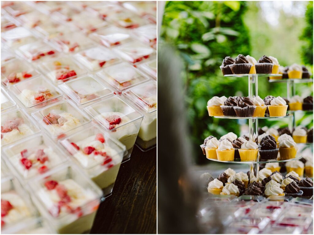 Snohomish Wedding Photographer GSquared Weddings Left: Rows of parfaits with cream and strawberry chunks in clear cups. Right: A tiered stand of assorted mini cupcakes, including chocolate and vanilla, set against the lush green backdrop of Snohomish. Serving Seattle, Snohomish and Orlando