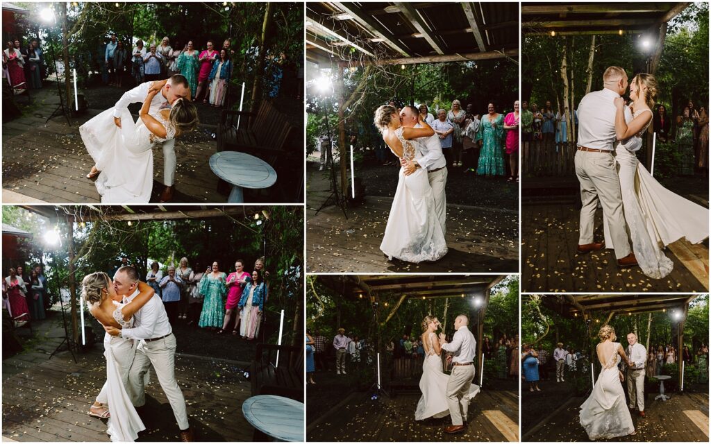 Snohomish Wedding Photographer GSquared Weddings A collage of six images captures a bride and groom dancing outdoors at night in Snohomish. Theyre surrounded by guests, with the bride in a white dress and the groom in light-colored attire. String lights and trees enhance the romantic atmosphere. Serving Seattle, Snohomish and Orlando