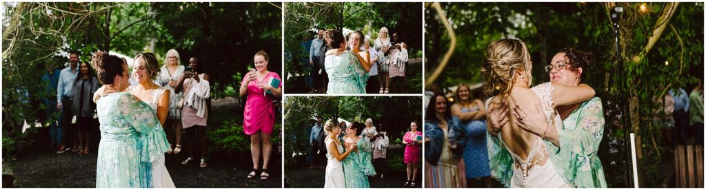 Snohomish Wedding Photographer GSquared Weddings Two women, one in a white dress and the other in a floral gown, dance joyfully outdoors in Snohomish. Onlookers, including people taking photos, watch and smile. The scene is surrounded by greenery with a festive atmosphere. Serving Seattle, Snohomish and Orlando