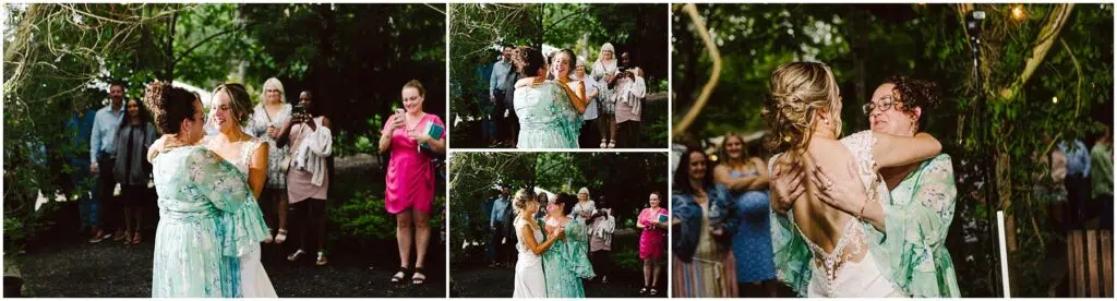 Snohomish Wedding Photographer GSquared Weddings Two women, one in a white dress and the other in a floral gown, dance joyfully outdoors in Snohomish. Onlookers, including people taking photos, watch and smile. The scene is surrounded by greenery with a festive atmosphere. Serving Seattle, Snohomish and Orlando