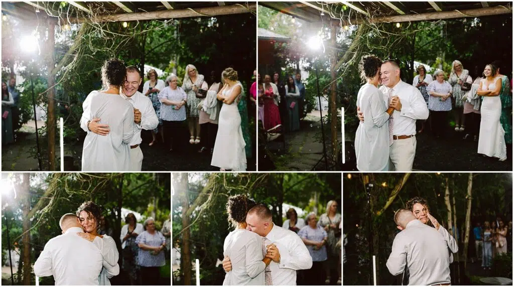 Snohomish Wedding Photographer GSquared Weddings A bride and groom dance outdoors under a pergola in Snohomish, surrounded by smiling guests. The couple embraces, sharing a lighthearted moment during their dance. Trees and joyful onlookers create a warm, intimate atmosphere. Serving Seattle, Snohomish and Orlando