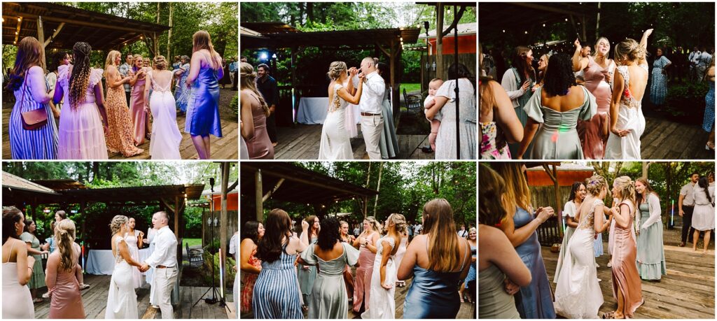 Snohomish Wedding Photographer GSquared Weddings A lively group is dancing on a wooden deck at an outdoor wedding reception in Snohomish. Dressed in formal attire of various colors, they are surrounded by trees and string lights, joyfully engaging in conversation and dance. Serving Seattle, Snohomish and Orlando