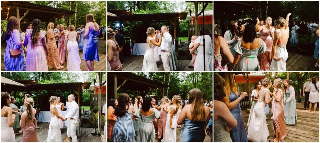 Snohomish Wedding Photographer GSquared Weddings A lively group is dancing on a wooden deck at an outdoor wedding reception in Snohomish. Dressed in formal attire of various colors, they are surrounded by trees and string lights, joyfully engaging in conversation and dance. Serving Seattle, Snohomish and Orlando