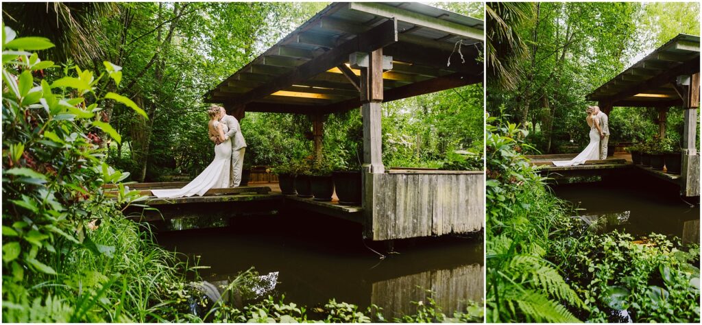 Snohomish Wedding Photographer GSquared Weddings A couple in elegant wedding attire embrace on a wooden bridge over a small pond, surrounded by the lush greenery of Snohomish. The scene exudes romance and tranquility, capturing the essence of a natural garden setting in this charming locale. Serving Seattle, Snohomish and Orlando