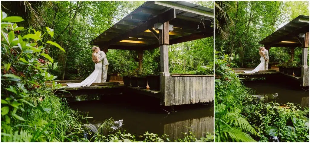 Snohomish Wedding Photographer GSquared Weddings A couple in elegant wedding attire embrace on a wooden bridge over a small pond, surrounded by the lush greenery of Snohomish. The scene exudes romance and tranquility, capturing the essence of a natural garden setting in this charming locale. Serving Seattle, Snohomish and Orlando