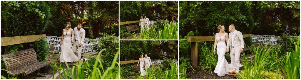 Snohomish Wedding Photographer GSquared Weddings A couple in wedding attire smiles and walks hand in hand down a lush green garden path in Snohomish. They pass by empty white chairs arranged for an outdoor event, with vibrant foliage surrounding them. Serving Seattle, Snohomish and Orlando