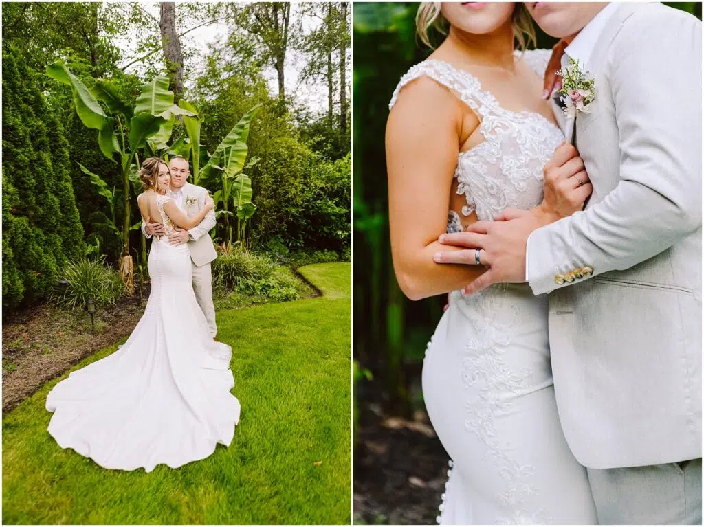 Snohomish Wedding Photographer GSquared Weddings In Snohomish, a bride and groom embrace in a lush garden. The bride wears a long, elegant white dress with lace details, while the groom looks dapper in a light grey suit with a boutonniere. The serene setting is as green as it is magical. Serving Seattle, Snohomish and Orlando