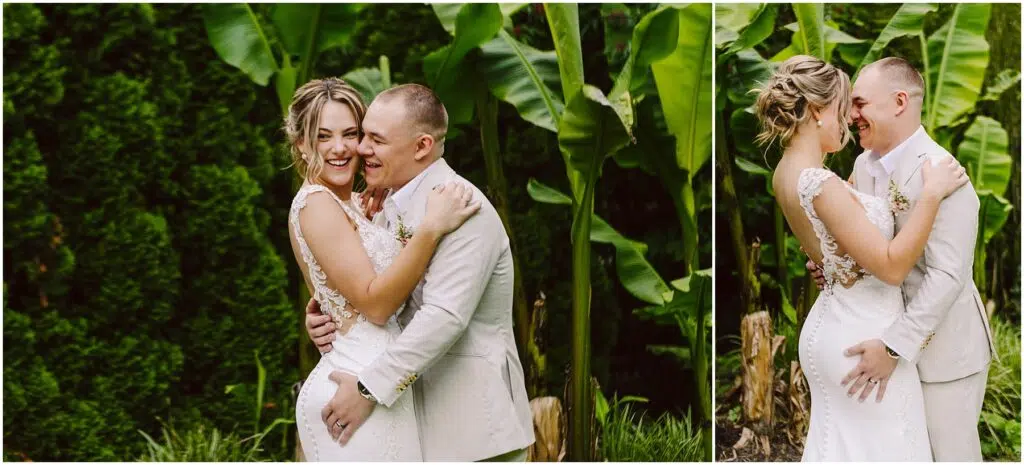 Snohomish Wedding Photographer GSquared Weddings In a lush Snohomish garden, a couple embraces and smiles warmly. The person on the left wears a white dress with lace detailing, while the one on the right sports a light suit. Surrounded by vibrant green foliage, they create a cheerful and delightful scene. Serving Seattle, Snohomish and Orlando