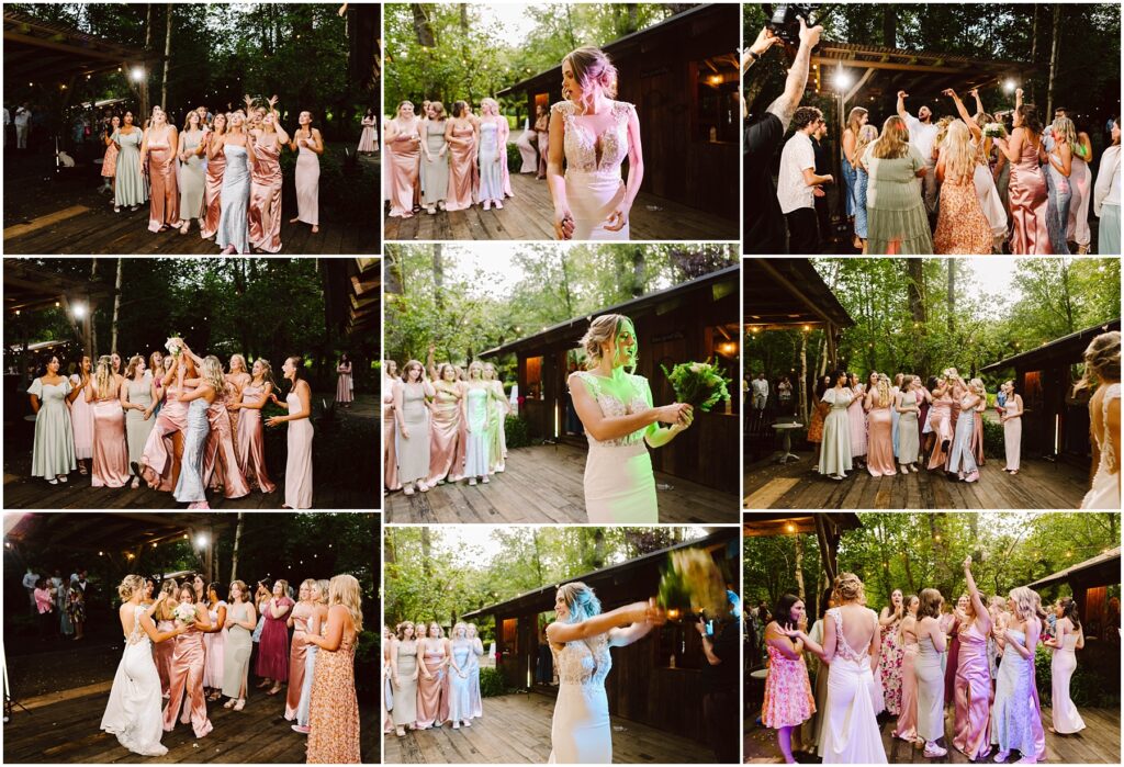 Snohomish Wedding Photographer GSquared Weddings In scenic Snohomish, a bride in a white dress tosses her bouquet to a lively group of women in colorful dresses. Set against lush greenery and wooden decking, they eagerly reach for the bouquet while capturing the memorable moment with their phones. Serving Seattle, Snohomish and Orlando