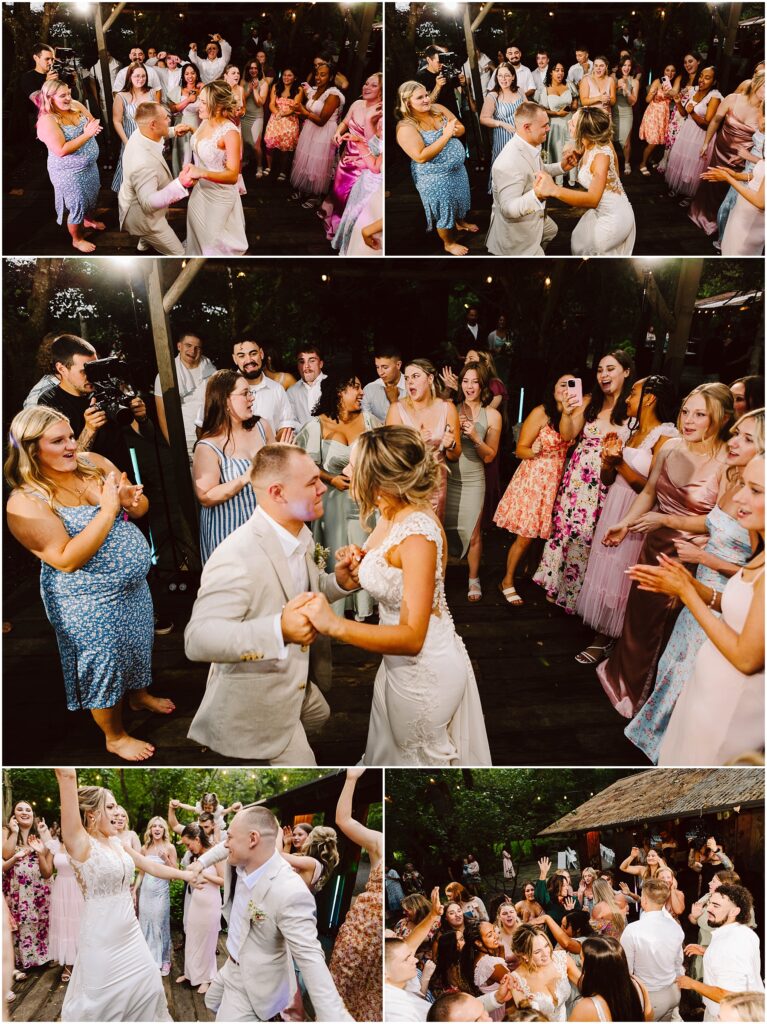 Snohomish Wedding Photographer GSquared Weddings A joyful wedding celebration in Snohomish features a bride in a white dress and a groom in a light suit dancing amid smiling guests. Outdoors, people in colorful dresses and suits clap and cheer, while string lights add to the festive ambiance. Serving Seattle, Snohomish and Orlando