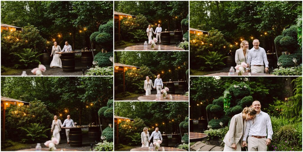 Snohomish Wedding Photographer GSquared Weddings A collage of a couple at an outdoor wedding venue in Snohomish. They walk together, pose near a smores station, and share a joyful moment surrounded by lush greenery and warm string lights. Serving Seattle, Snohomish and Orlando