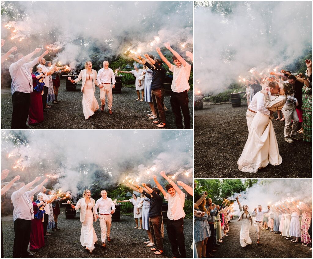 Snohomish Wedding Photographer GSquared Weddings A bride and groom walk through an archway of sparklers held by guests in Snohomish. The atmosphere is festive with smoke and smiles all around. They are dressed in wedding attire, and the event seems to be outdoors. Serving Seattle, Snohomish and Orlando