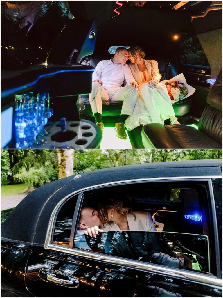 Snohomish Wedding Photographer GSquared Weddings A couple in wedding attire shares an intimate moment inside a limousine in Snohomish. The first photo shows them sitting and smiling with a bouquet, while the second captures them sharing a kiss through the car window. Serving Seattle, Snohomish and Orlando