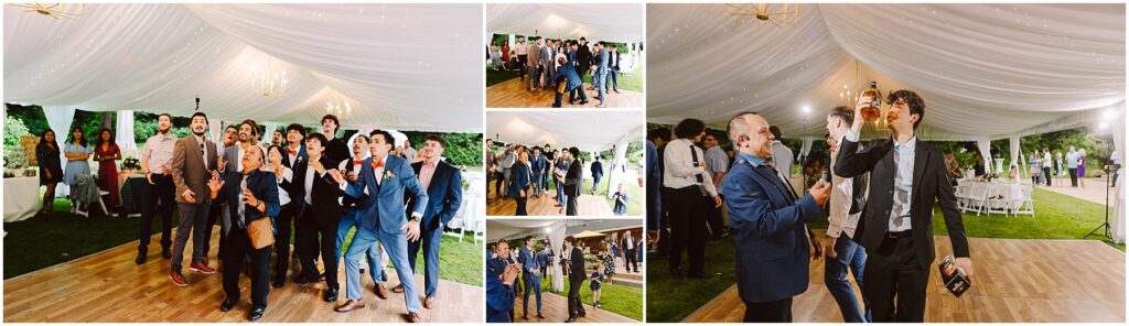 Snohomish Wedding Photographer GSquared Weddings A group of men in formal wear eagerly reach to catch a bouquet at a charming backyard wedding. Nearby, small gatherings of guests dressed for the occasion mingle and chat under a beautifully lit white canopy, adding to the festive atmosphere. Serving Seattle, Snohomish and Orlando