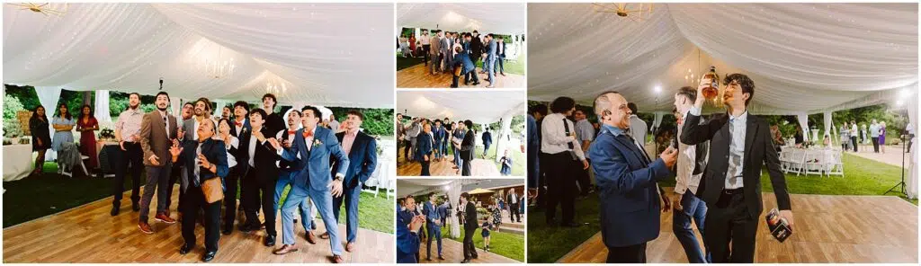 Snohomish Wedding Photographer GSquared Weddings A group of men in formal wear eagerly reach to catch a bouquet at a charming backyard wedding. Nearby, small gatherings of guests dressed for the occasion mingle and chat under a beautifully lit white canopy, adding to the festive atmosphere. Serving Seattle, Snohomish and Orlando