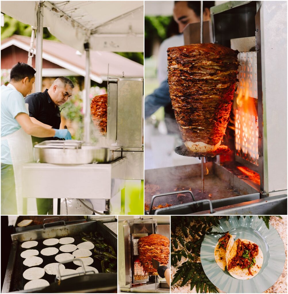 Snohomish Wedding Photographer GSquared Weddings Collage of taco preparation for a backyard wedding: two people cook meat on a vertical rotisserie, tortillas grill on a stovetop, and served tacos with garnishes elegantly displayed on a green plate. Serving Seattle, Snohomish and Orlando
