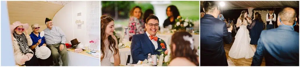 Snohomish Wedding Photographer GSquared Weddings Three wedding scenes: 1) Guests in colorful hats smiling indoors. 2) Person in a suit laughing with others at a table. 3) Bride and groom enjoying a dance under a tent in an intimate backyard wedding, guests watching with delight. Serving Seattle, Snohomish and Orlando