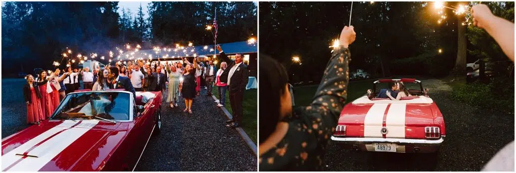 Snohomish Wedding Photographer GSquared Weddings Two images depict a newlywed couple in a red and white convertible, driving away from their charming backyard wedding. They pass through a crowd waving sparklers at dusk, the festive atmosphere brimming with joy and celebration. Serving Seattle, Snohomish and Orlando