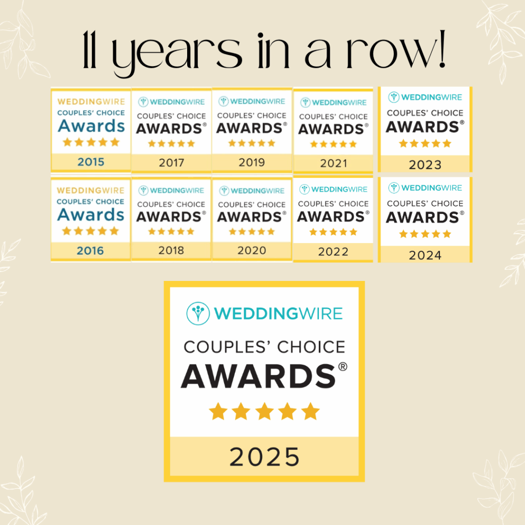 GSquared Weddings Photography A graphic displays 11 years in a row! above a grid of WeddingWire Couples’ Choice Awards wedding badges for each year from 2015 to 2025, each with five gold stars on a beige background. GSquared Weddings | 47.9129° N, 122.0982° W | Serving Snohomish, Seattle , Orlando & Beyond