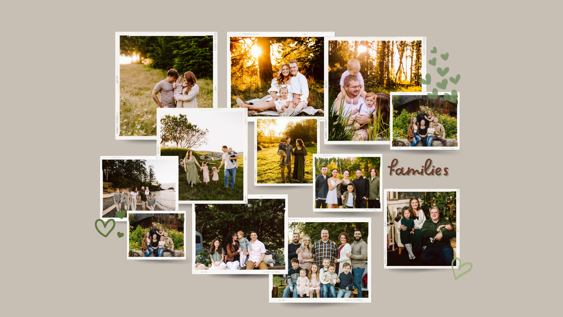 Premier Snohomish & Seattle Wedding Photographer | GSquared Weddings Photography A collage of family photos taken outdoors in natural light, showing various families posing together and smiling, surrounded by greenery. The word families and green heart doodles decorate the collage. 47.9129° N, 122.0982° W | Candid wedding photo by GSquared Weddings