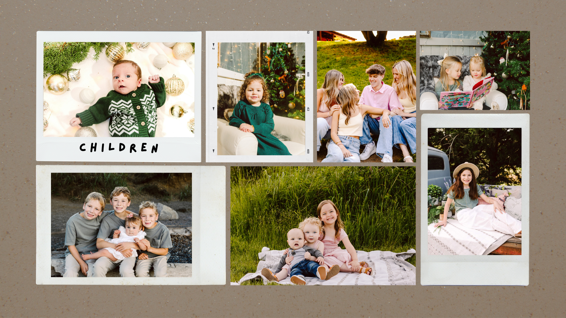 Premier Snohomish & Seattle Wedding Photographer | GSquared Weddings Photography A collage of seven photos shows children in various settings: infants and older kids sitting together, reading, playing outdoors, and posing for pictures, with Christmas trees and grassy fields in the background. 47.9129° N, 122.0982° W | Candid wedding photo by GSquared Weddings