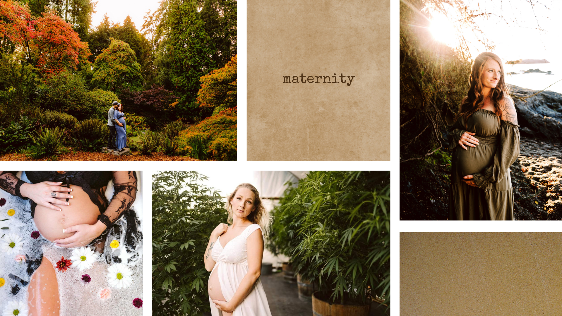 Premier Snohomish & Seattle Wedding Photographer | GSquared Weddings Photography A collage featuring pregnant women in nature and serene settings, a close-up of a belly in a floral bath, the word “maternity” on a textured background, and areas of plain brown textures. 47.9129° N, 122.0982° W | Candid wedding photo by GSquared Weddings
