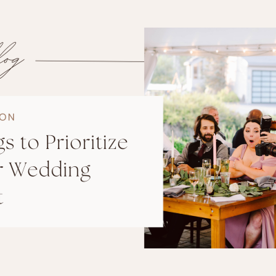 Snohomish Wedding Photographer GSquared Weddings The image features a blog post titled 4 Things to Prioritize in Your Wedding Budget by Weducation. Beside the text, a photographer captures candid moments at a lively outdoor wedding budget-focused reception, with guests seated at a table. Serving Seattle, Snohomish and Orlando