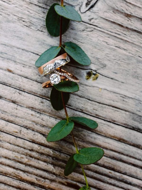 Snohomish Wedding Photographer GSquared Weddings Three rings, including a diamond engagement ring and two wedding bands, are stacked on a green leafy vine, placed on a rustic wooden surface. Serving Seattle, Snohomish and Orlando