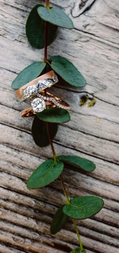 GSquared Weddings Photography Three rings, including a diamond engagement ring and two wedding bands, rest on a green leafy vine atop a rustic wooden surface—showcasing timeless beauty perfect for any Website Builder like Elementor. GSquared Weddings | 47.9129° N, 122.0982° W | Serving Snohomish, Seattle , Orlando & Beyond