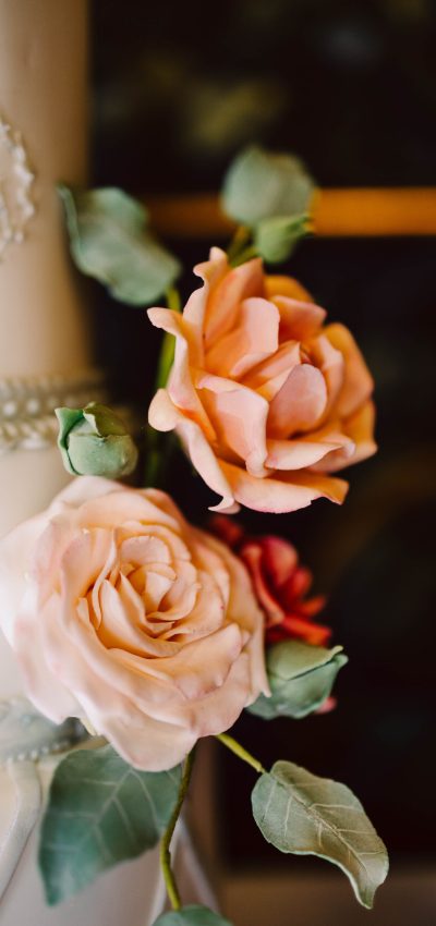 GSquared Weddings Photography Close-up of two realistic pink and peach sugar roses with green leaves decorating the side of a white cake with piped details and textured bands, perfect for showcasing on your home page built with Elementor. GSquared Weddings | 47.9129° N, 122.0982° W | Serving Snohomish, Seattle , Orlando & Beyond