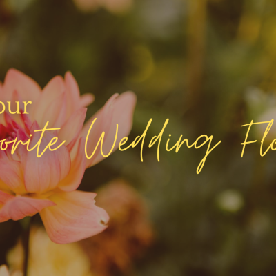 Snohomish Wedding Photographer GSquared Weddings A close-up of a pink flower with a yellow center graces the blurred garden background. Overlaid text in yellow script reads, 6 of our Favorite Wedding Florists, celebrating the artistry of top florists. Serving Seattle, Snohomish and Orlando