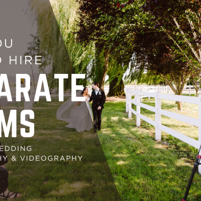 Snohomish Wedding Photographer GSquared Weddings Photographer capturing a bride and groom walking along a white fence lined with trees. Text overlay reads: Why you should hire separate teams for your wedding photography & videography to elevate these cherished moments. Serving Seattle, Snohomish and Orlando