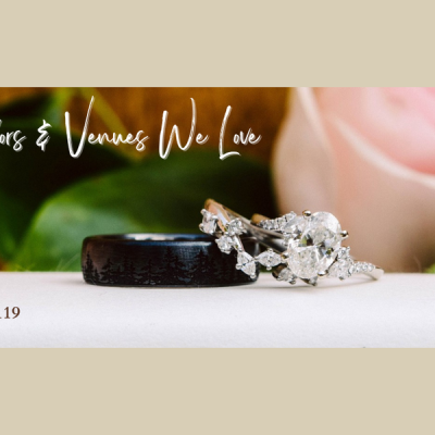 Snohomish Wedding Photographer GSquared Weddings Close-up of wedding rings with a diamond band and black band next to a pink rose. Text reads: Seattle Wedding Show Vendors & Venues We Love 2025. At the bottom: GSquared Weddings Photography | Booth 1119. Logo on the right. Serving Seattle, Snohomish and Orlando