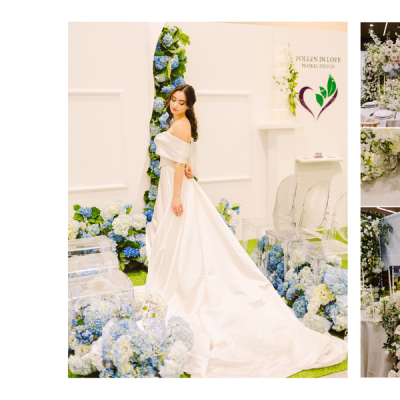 Snohomish Wedding Photographer GSquared Weddings Bride at a wedding expo stands among blue and white floral arrangements. The collage includes a set table with elegant dinnerware, floral decorations, and a close-up of a chalkboard sign. Text reads 2023 Seattle Wedding Show Recap by GSquared Wedding Photography. Serving Seattle, Snohomish and Orlando