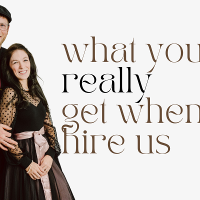 Snohomish Wedding Photographer GSquared Weddings A smiling couple stands together in formal attire next to the text, what you really get when you hire gsquared, with a small logo reading Captured Weddings Photography at the bottom right. Serving Seattle, Snohomish and Orlando