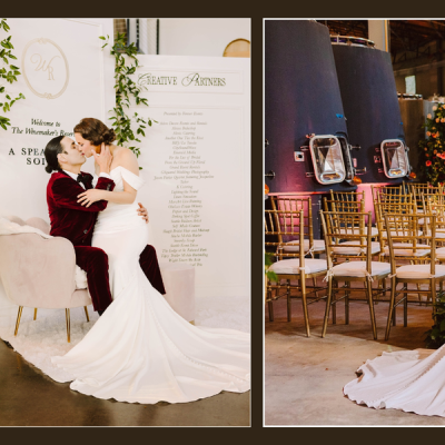Snohomish Wedding Photographer GSquared Weddings A bride and groom celebrate at The Winemakers Reserve. The groom dips the bride as they kiss. Another image shows the couple smiling and facing each other, holding hands, surrounded by greenery and elegant decorations. Serving Seattle, Snohomish and Orlando